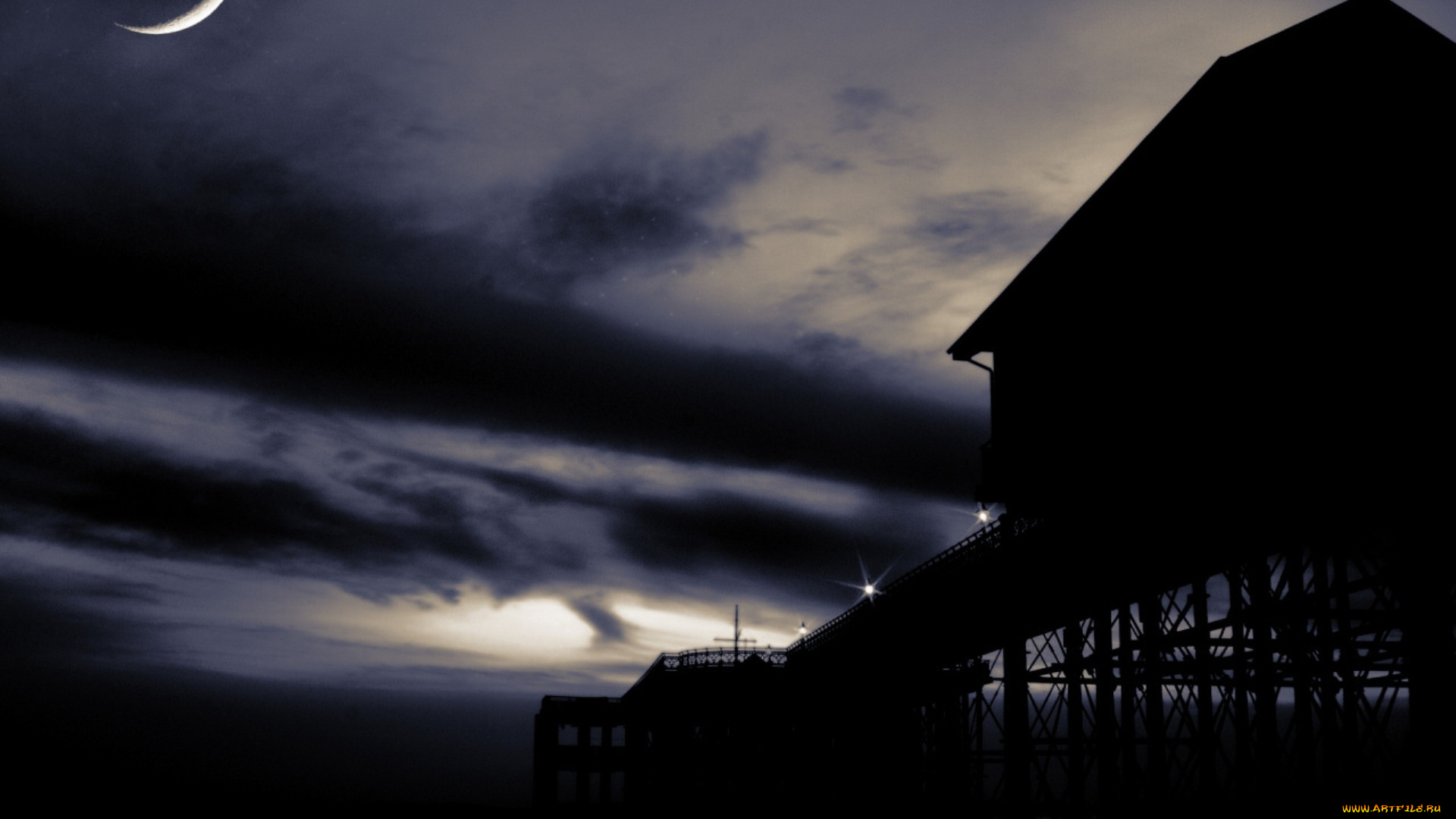 города, -, улицы, , площади, , набережные, ночь, луна, небо, облака, причал, озеро