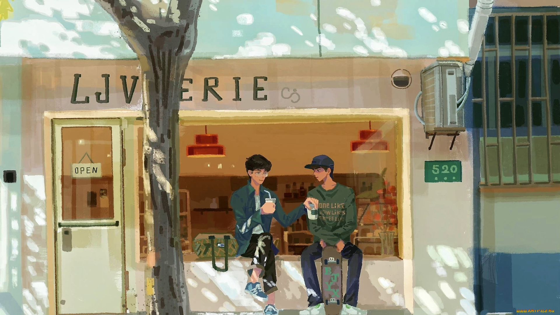 рисованное, люди, парни, кафе