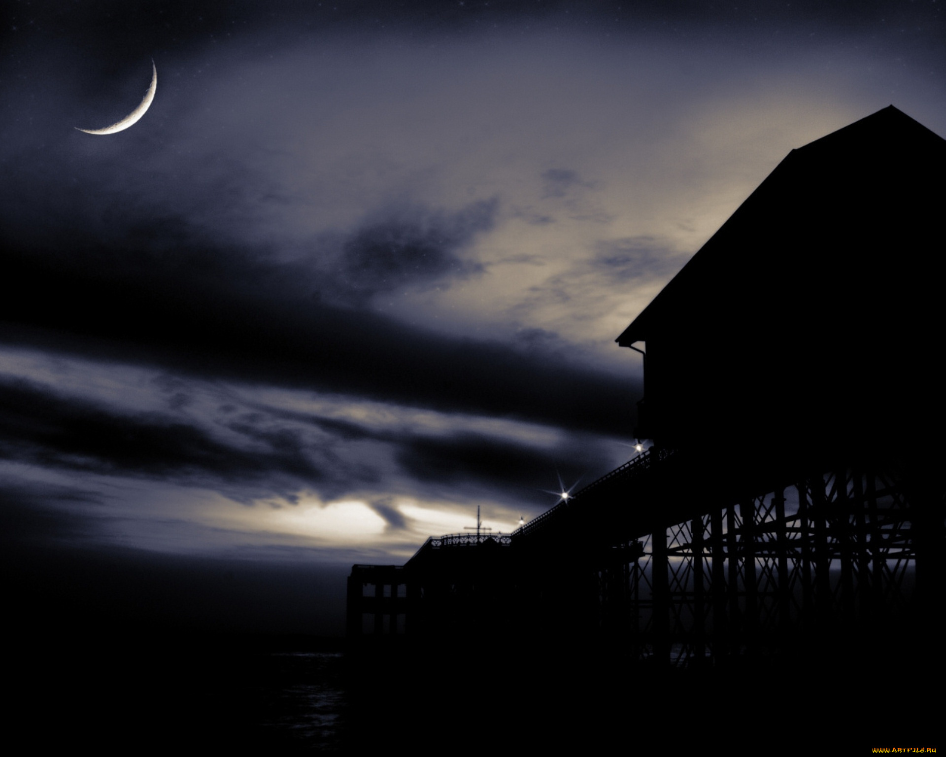 города, -, улицы, , площади, , набережные, ночь, луна, небо, облака, причал, озеро