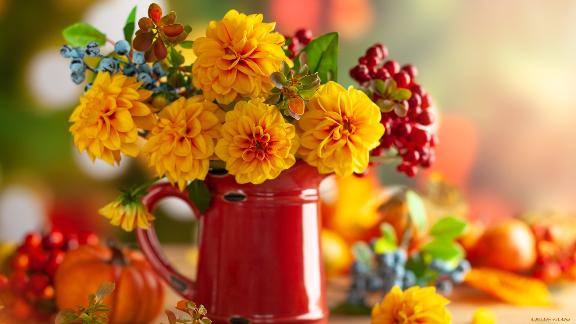 цветы, букеты, , композиции, кувшин, букет, желтые, георгины, ягоды