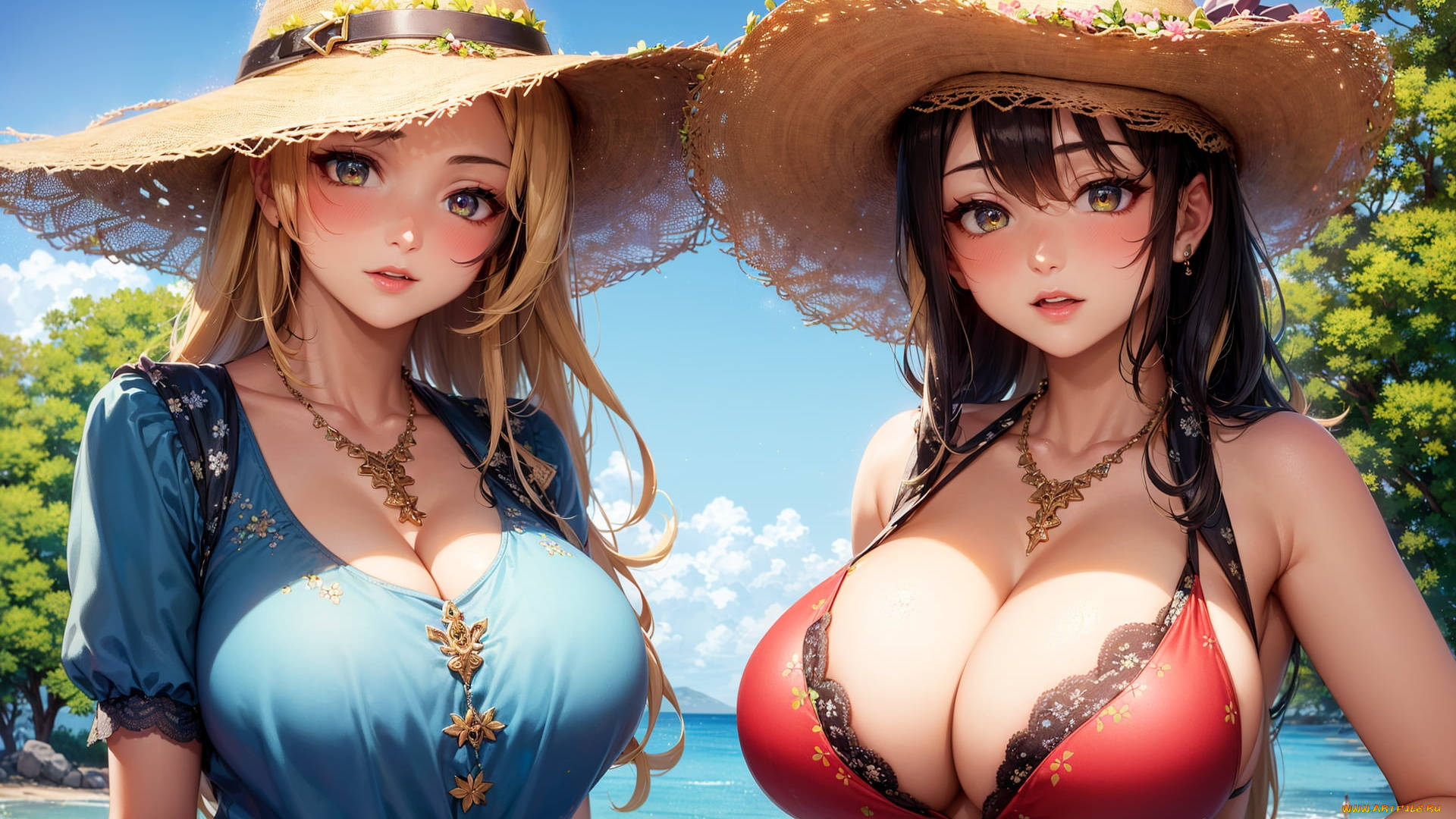 две, девушки, вместе, аниме, unknown, , другое, , лето, отдых, брюнетка, блондинка, большая, грудь, подружки, красивые, девушки, соломенная, шляпка, ai, арт, ии, искусство