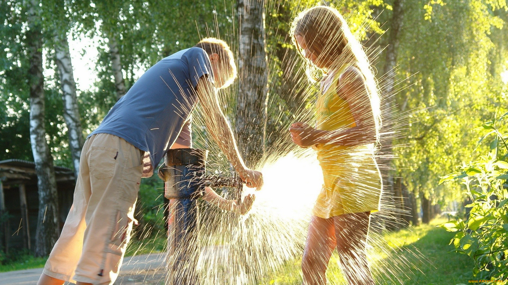 разное, дети, мальчик, девочка, кран, вода, баловство
