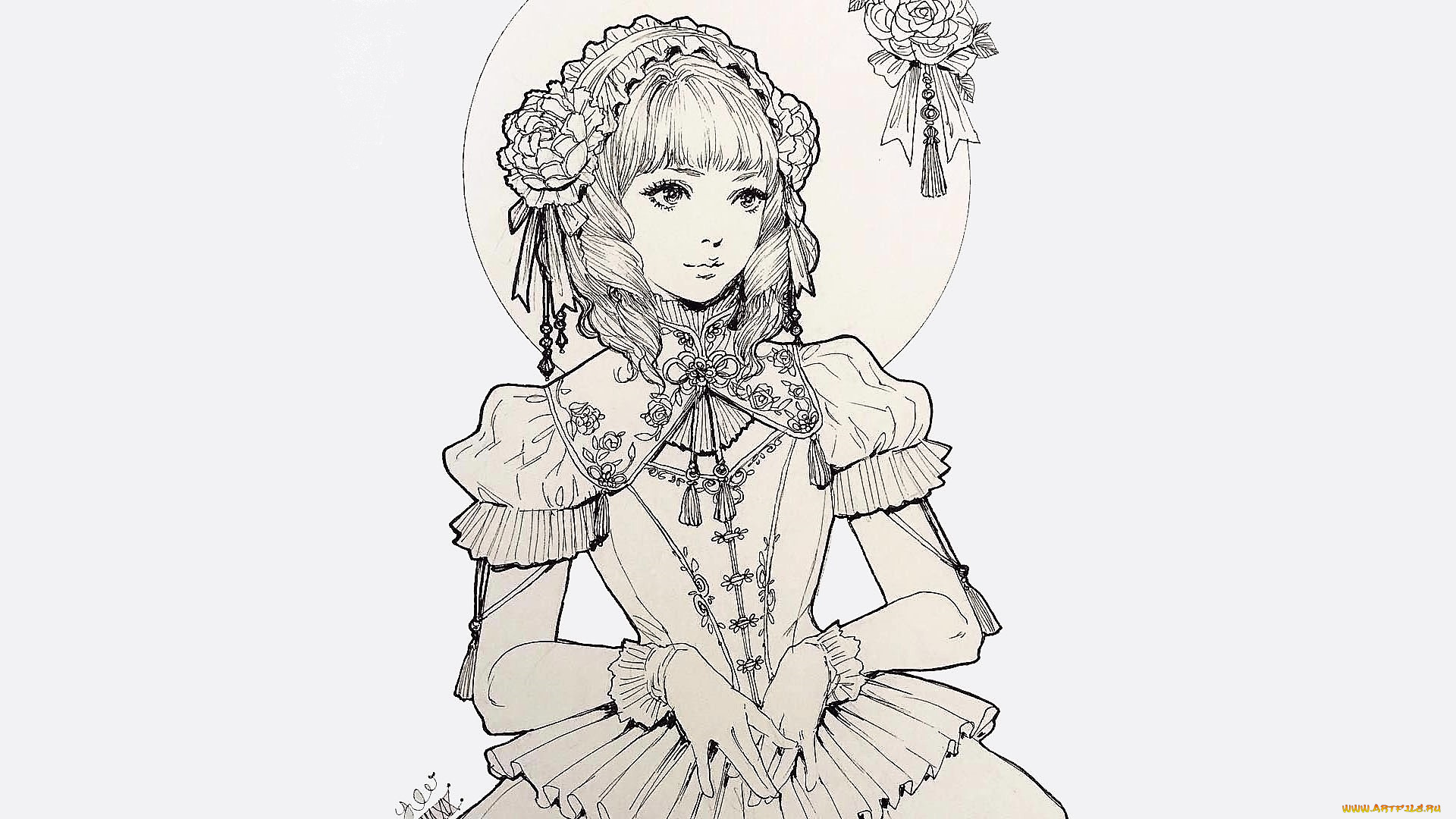 рисованное, люди, девушка, платье