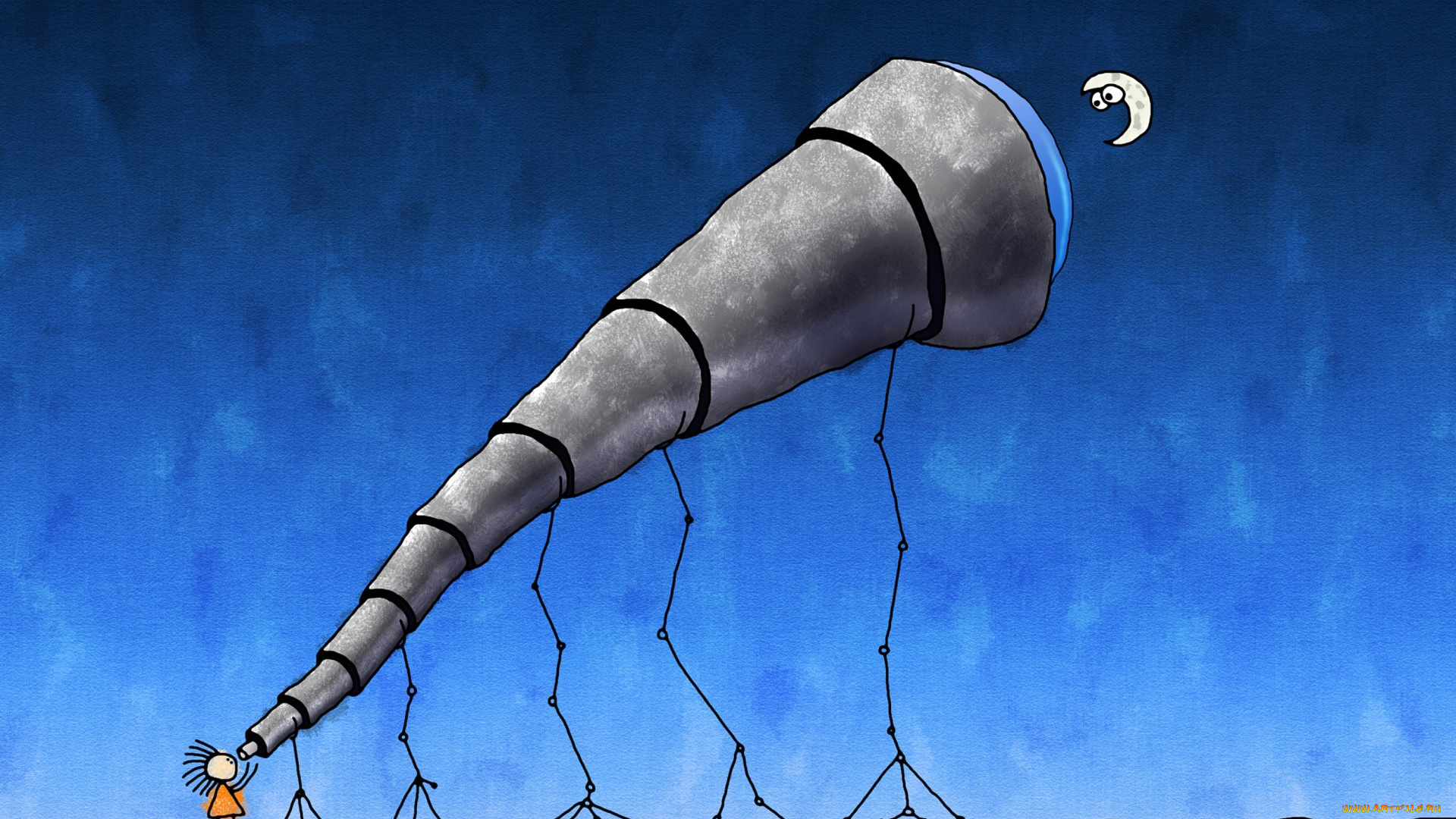 рисованное, vladstudio, телескоп, человечек, луна