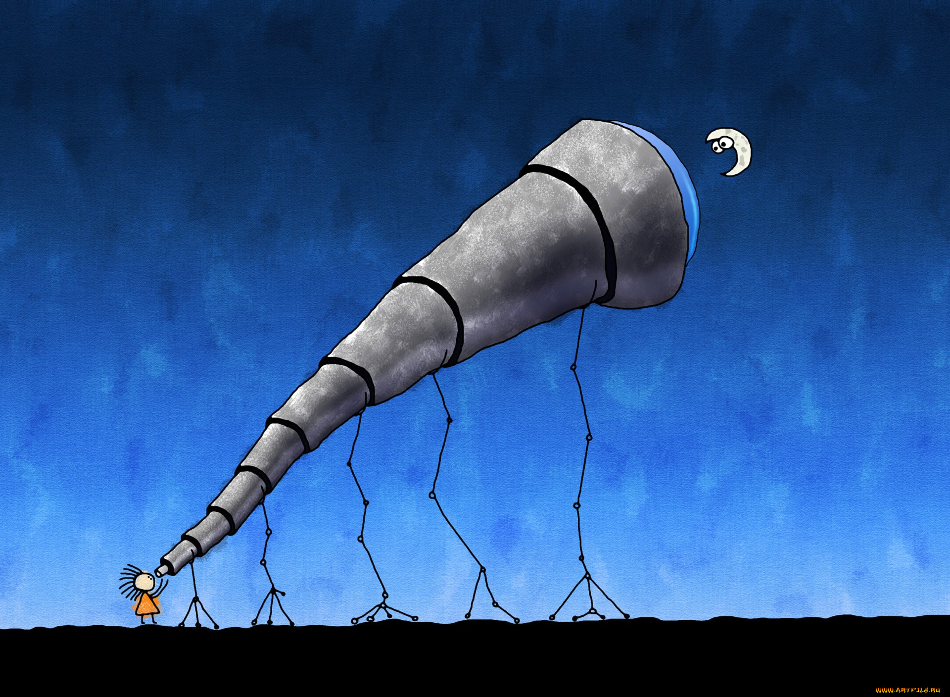 рисованное, vladstudio, телескоп, человечек, луна