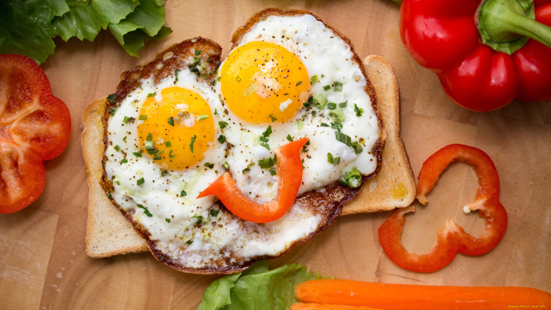 еда, яичные, блюда, яичница, глазунья, перец, морковь