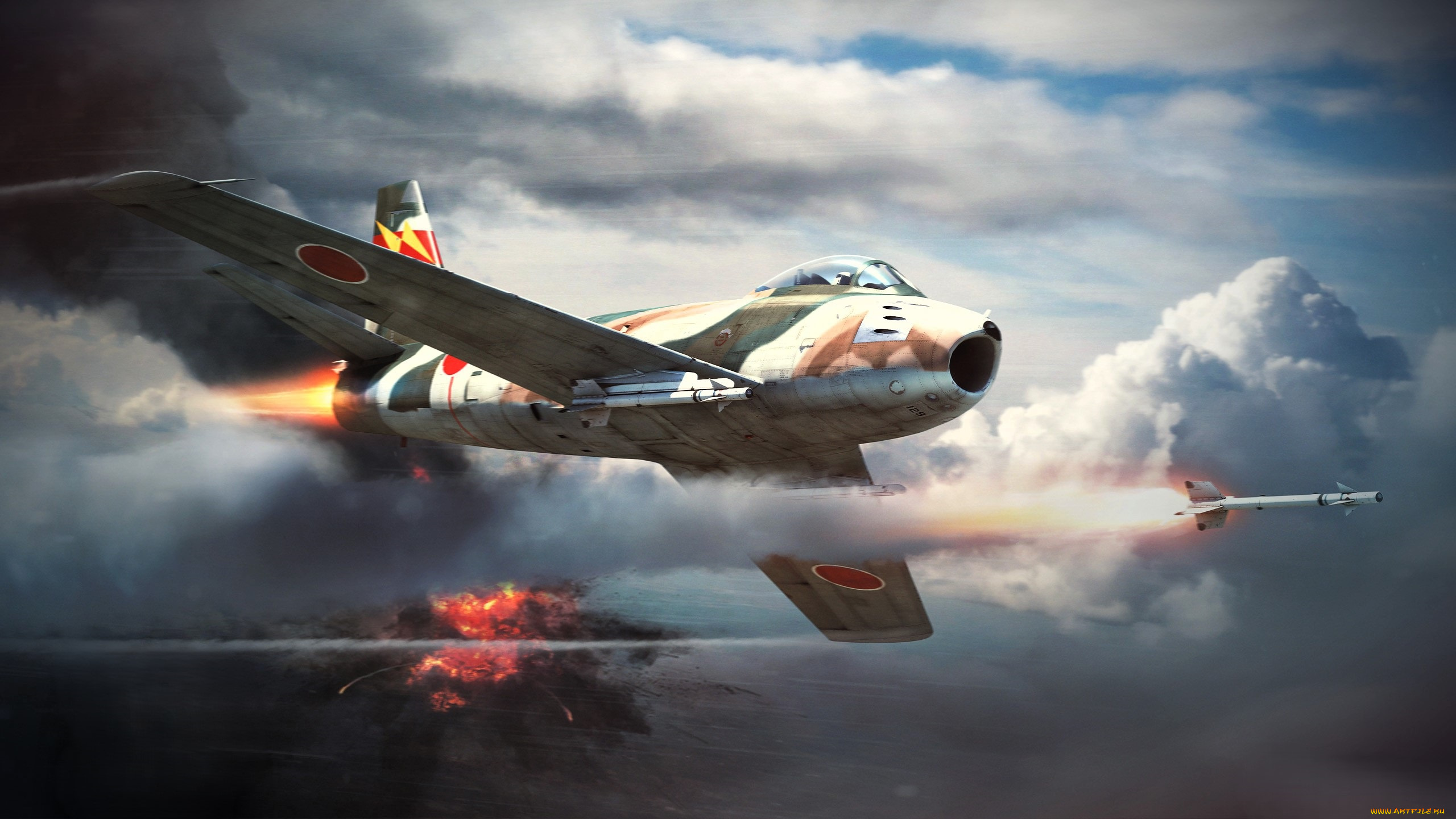 видео, игры, war, thunder, самолет, полет, ракета, огонь, небо, облака