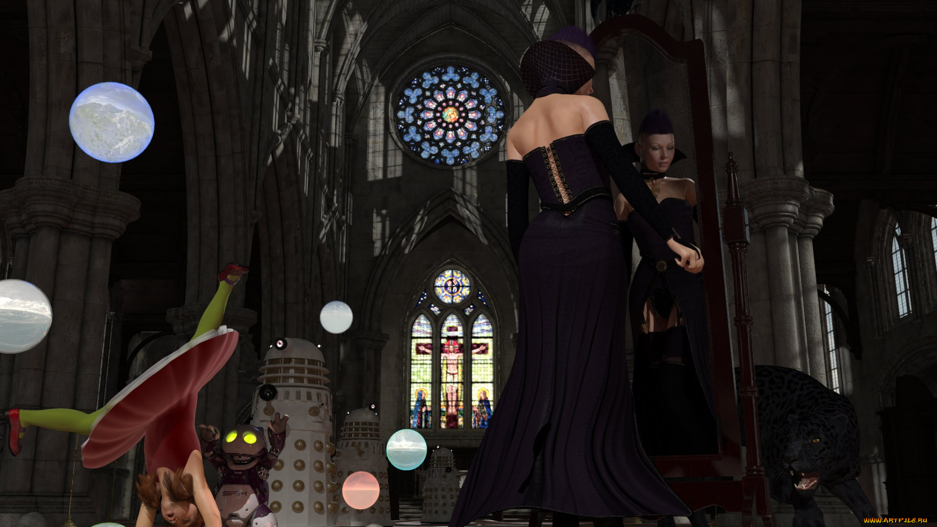 3д, графика, fantasy, фантазия, девушки, черепа, собака