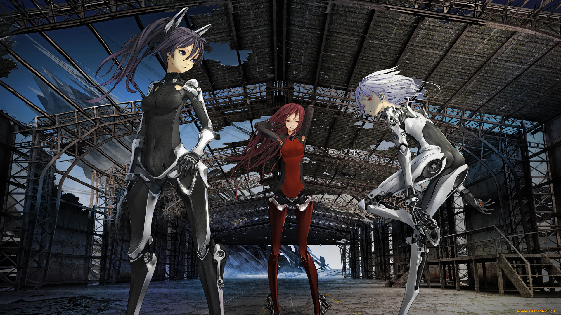 by, redjuice, аниме, weapon, blood, technology, город, оружие, киборги, девушки