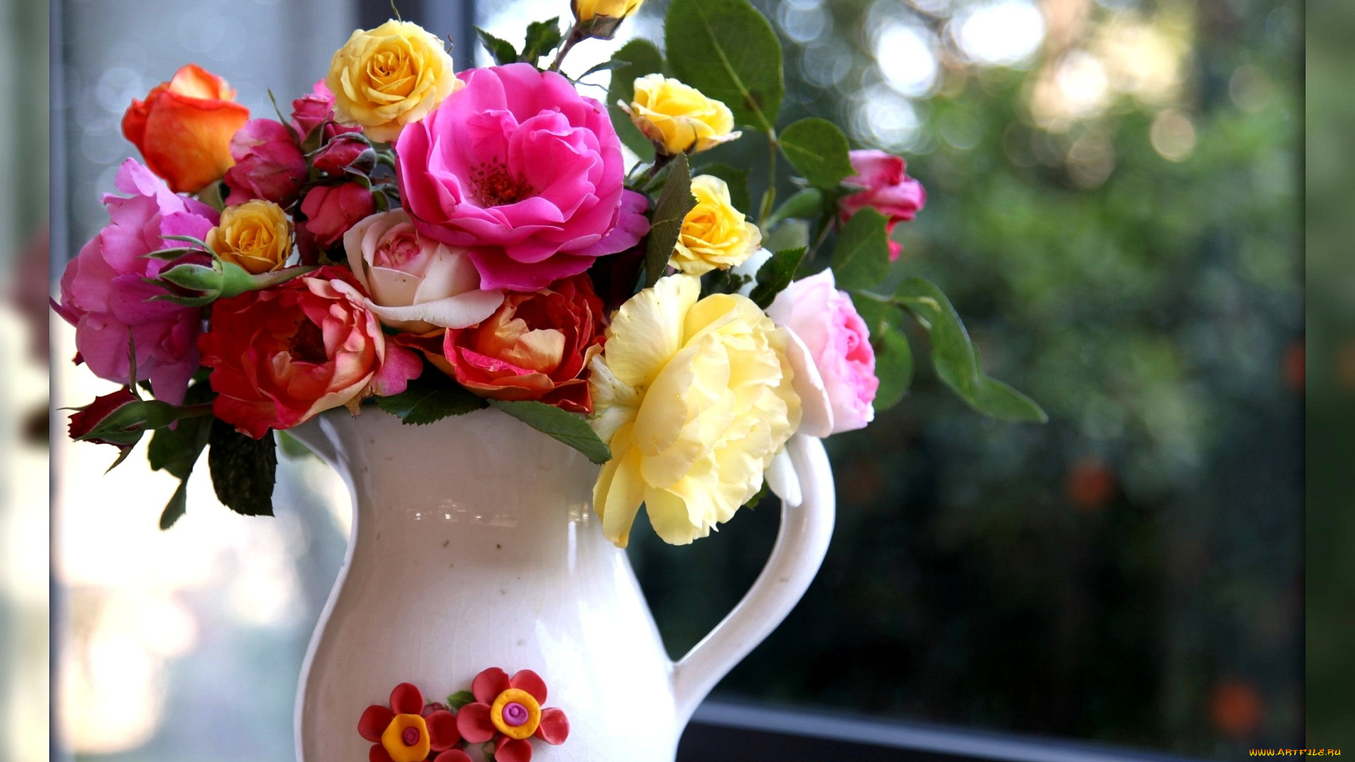 цветы, розы, кувшин, букет