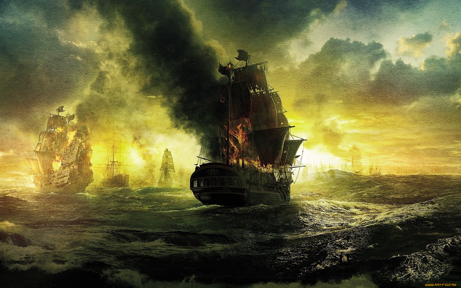 pirates, ship, on, fire, кино, фильмы, of, the, caribbean, stranger, tides, бой, морской, пират, парусник, корабль