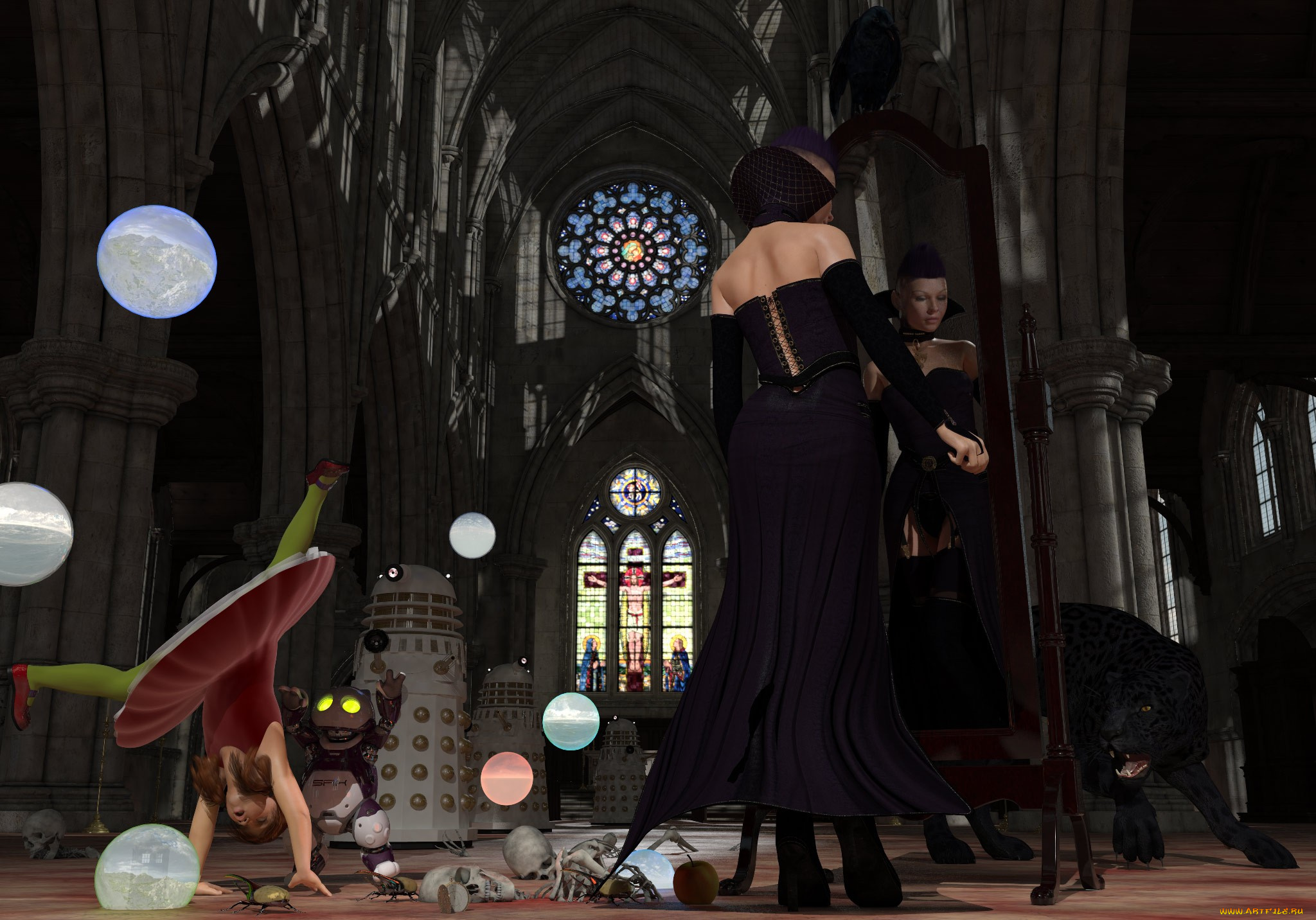 3д, графика, fantasy, фантазия, девушки, черепа, собака