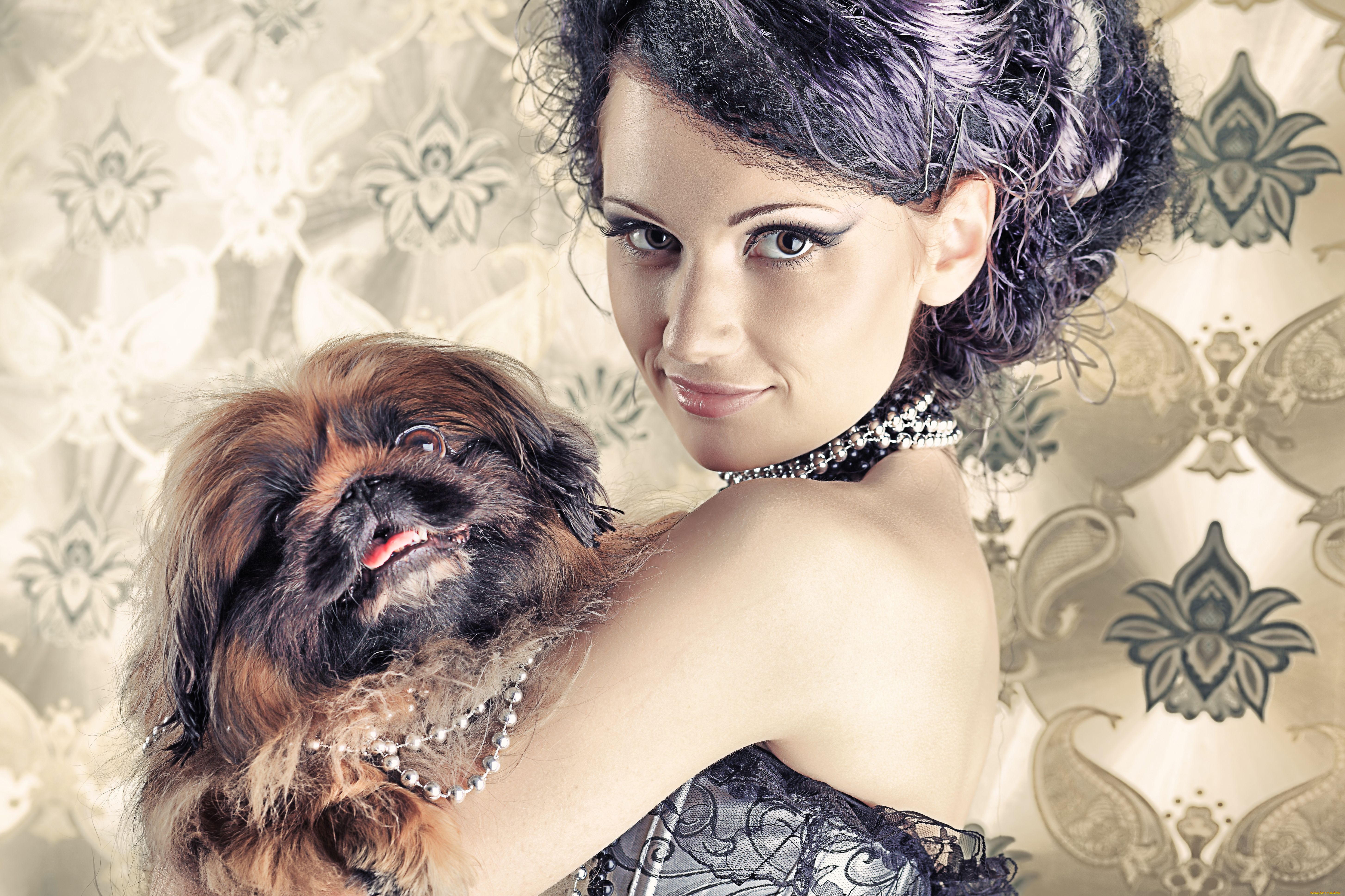 -Unsort, Брюнетки, Шатенки, девушки, unsort, брюнетки, шатенки, собака, пекинес, улыбка