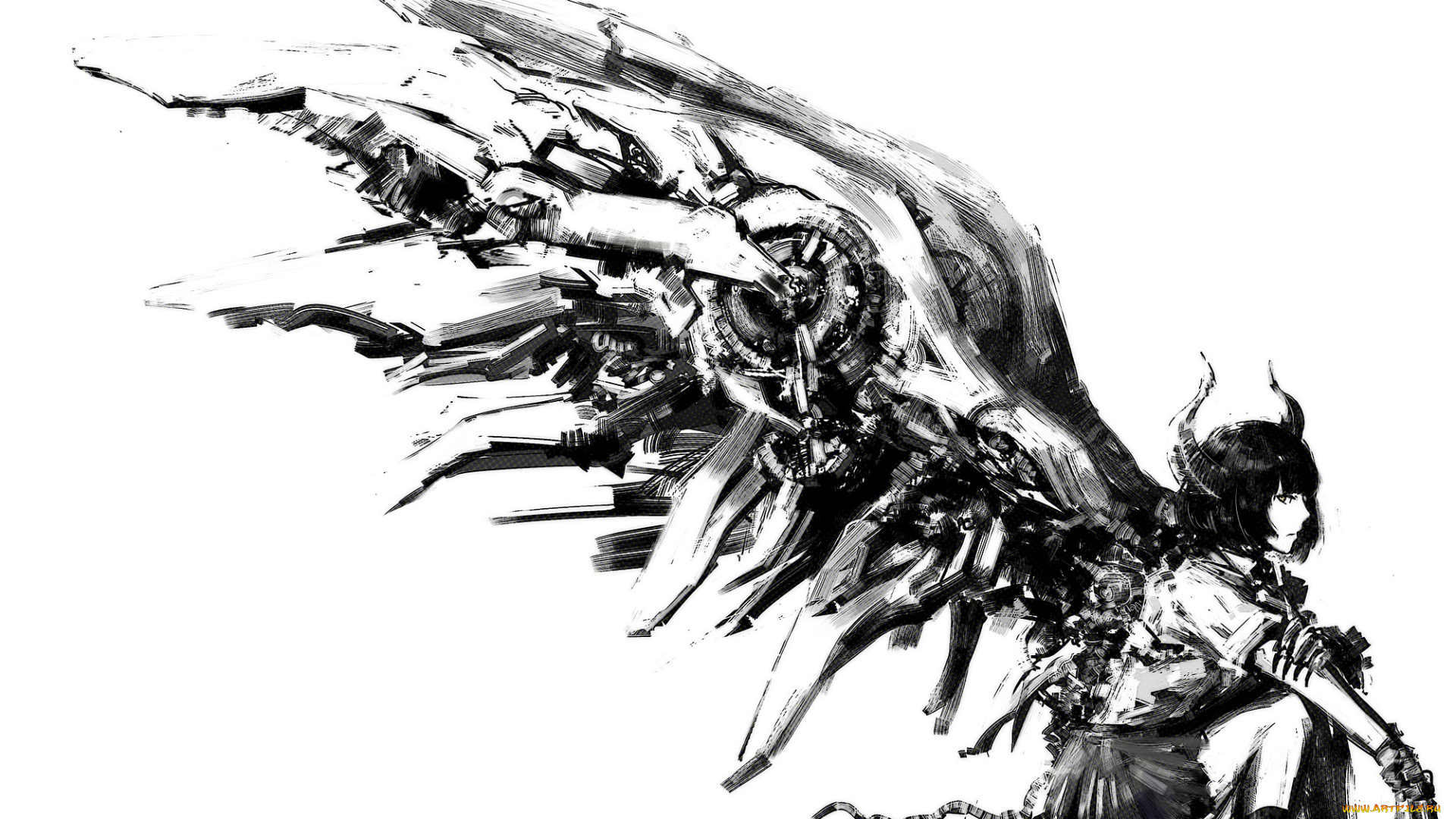 аниме, -angels, &, demons, арт, технологии, белый, фон, крыло, девушка