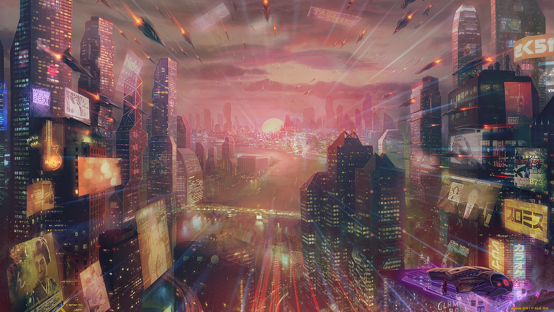 аниме, -weapon, , blood, &, technology, другой, мир, небо, здания, закат, солнце, арт, город, реклама, облака