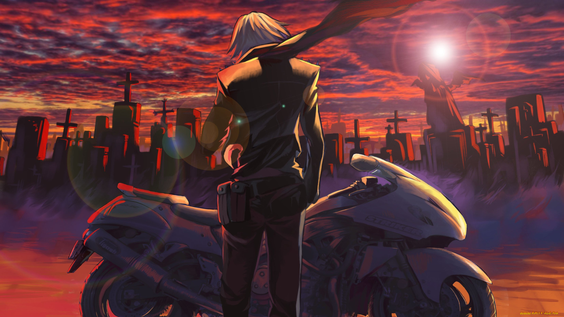 аниме, -weapon, , blood, &, technology, мотоцикл, парень, kikira, арт, кладбище, облака, небо, шарф, закат, солнце, кресты