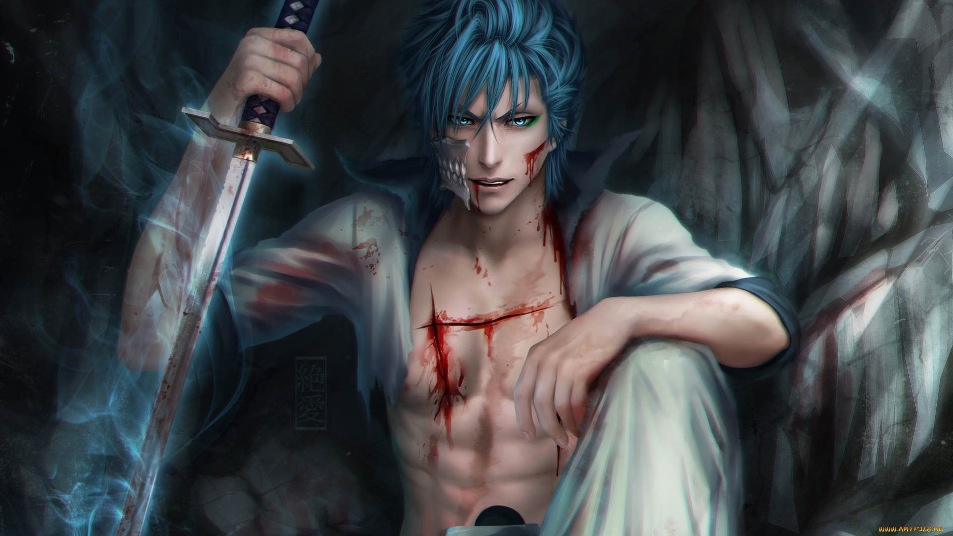 аниме, bleach, zetsuai89, art, взгляд, раны, ухмылка, блич, трупы, оружие, кровь, grimmjow, jeagerjaques, парень