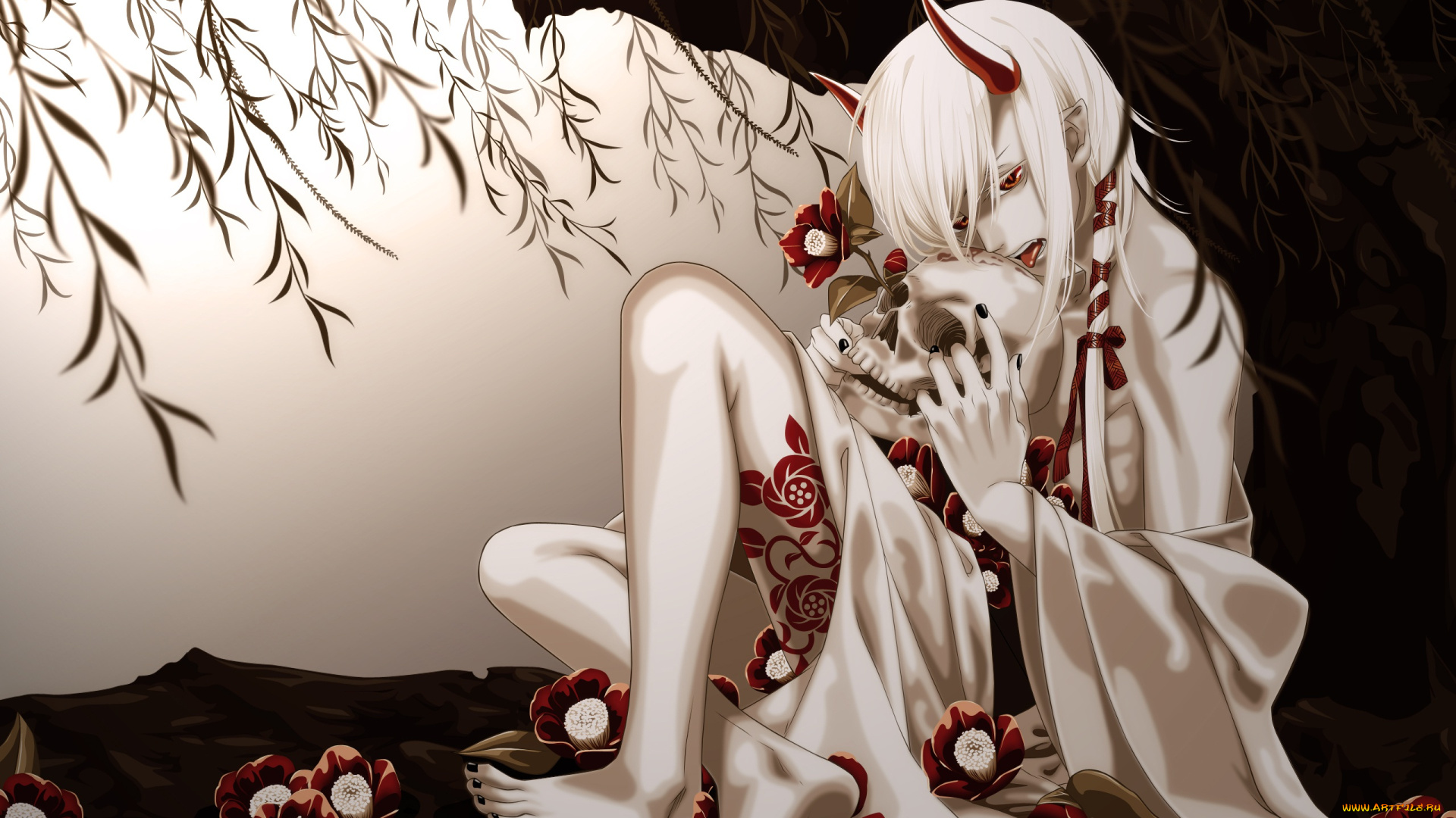 аниме, demons, , другое, ветви, цветы, демон, дерево, cilou, парень, кимоно, тату, рожки, череп