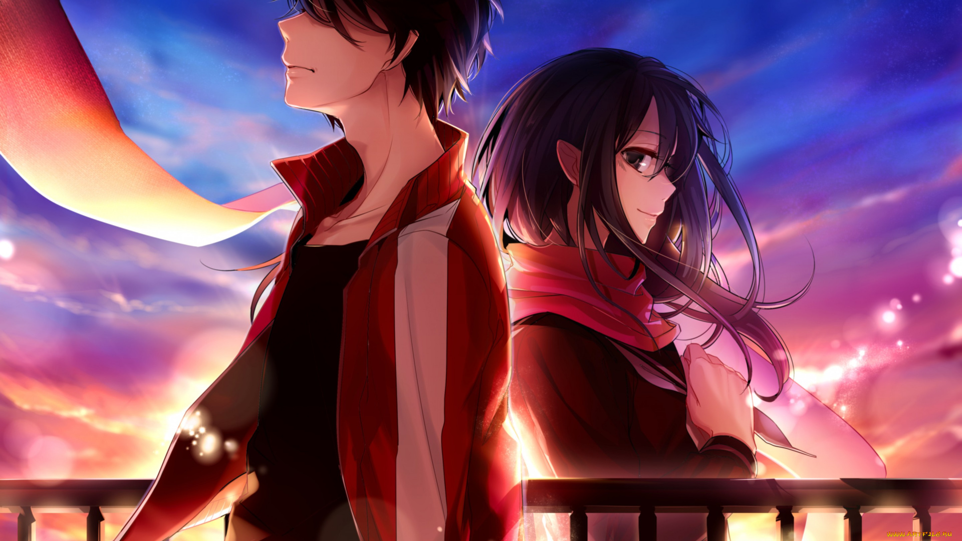 аниме, mekakucity, actors, шарф, ветер, арт, парень, kisaragi, shintaro, девушка, tateyama, ayano, kagerou, project, mai, перила, забор