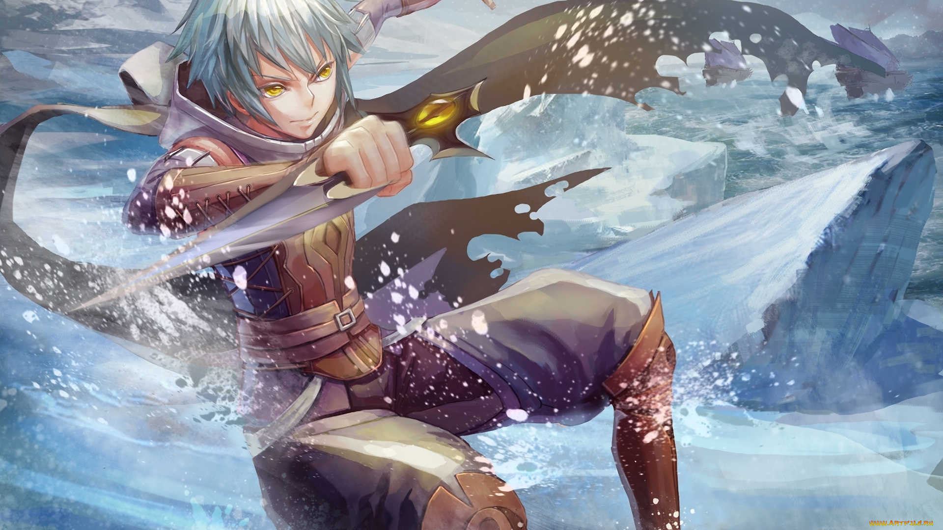 аниме, pixiv, fantasia, нож, парень, горы, снег, qian, qiu, pixiv, fantasia, арт