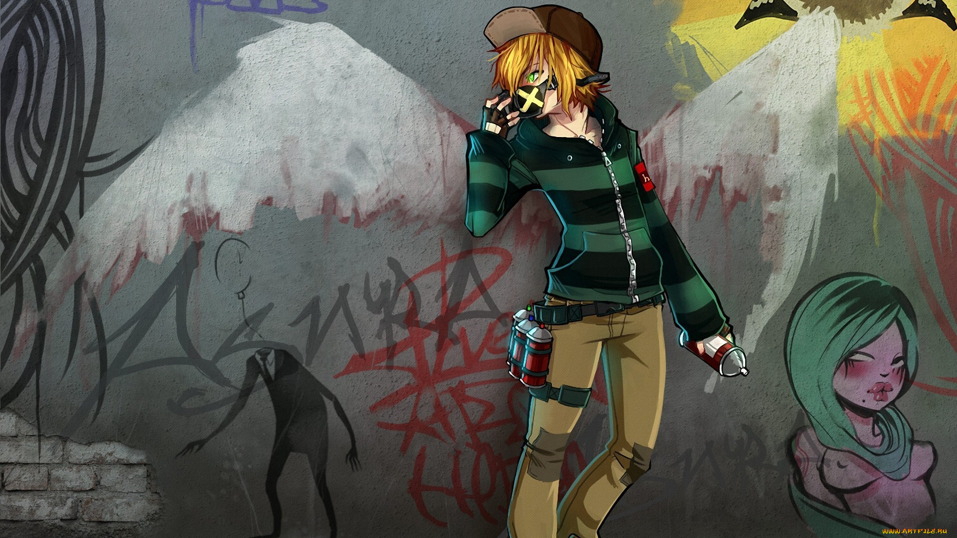 аниме, *unknown, , другое, арт, повязка, баллончик, граффити, рисунки, парень