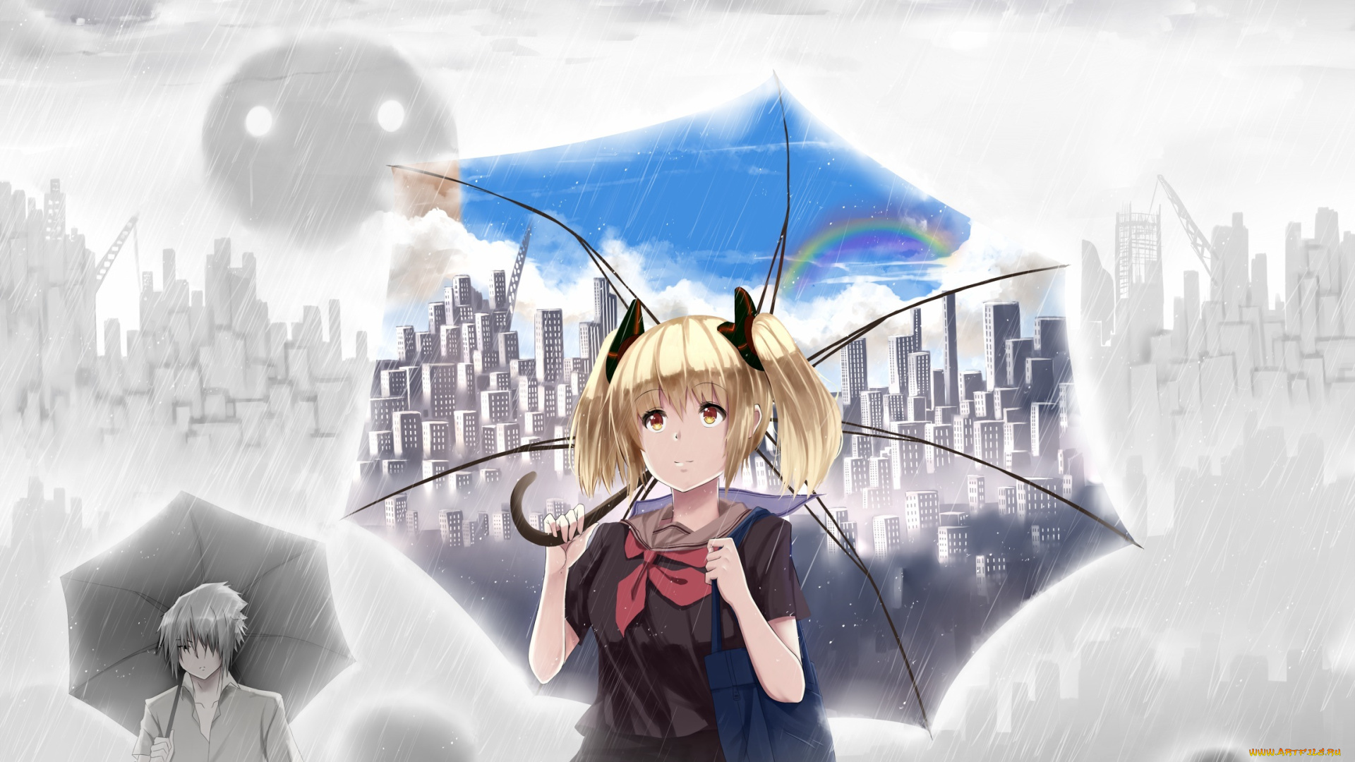 аниме, *unknown, , другое, дома, люди, школьница, дождь, облака, небо, город, зонт, девушка, hewsack, арт, радуга, парень, сумка