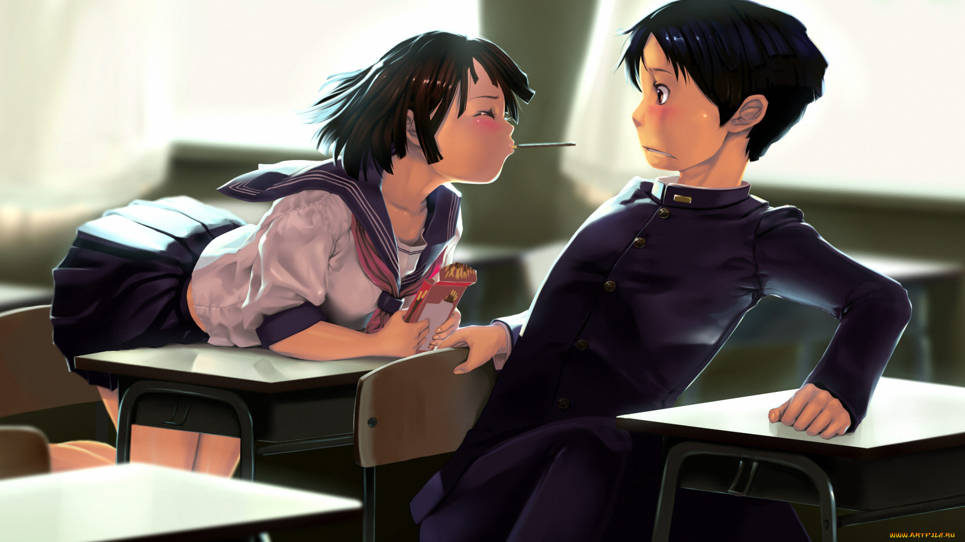 аниме, *unknown, , другое, смущение, предложение, палочки, tororoto, арт, печенье, форма, школа, парень, девушка