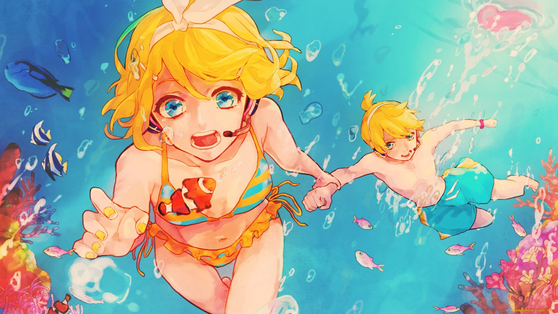 аниме, vocaloid, бант, пузыри, наушники, микрофон, океан, арт, kagamine, len, shiroxx0094, вокалоид, рыбки, под, водой, парень, девушка, rin