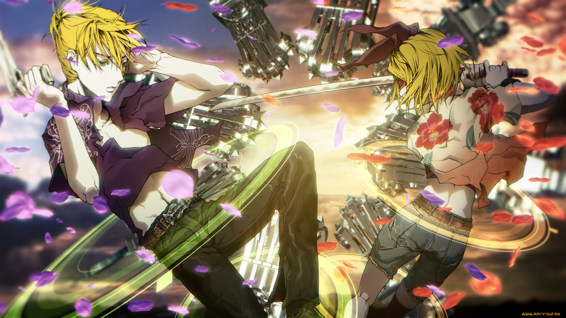 аниме, vocaloid, kagamine, rin, len, облака, небо, пистолеты, nagimiso, арт, оружие, катана, парень, лепестки, девушка