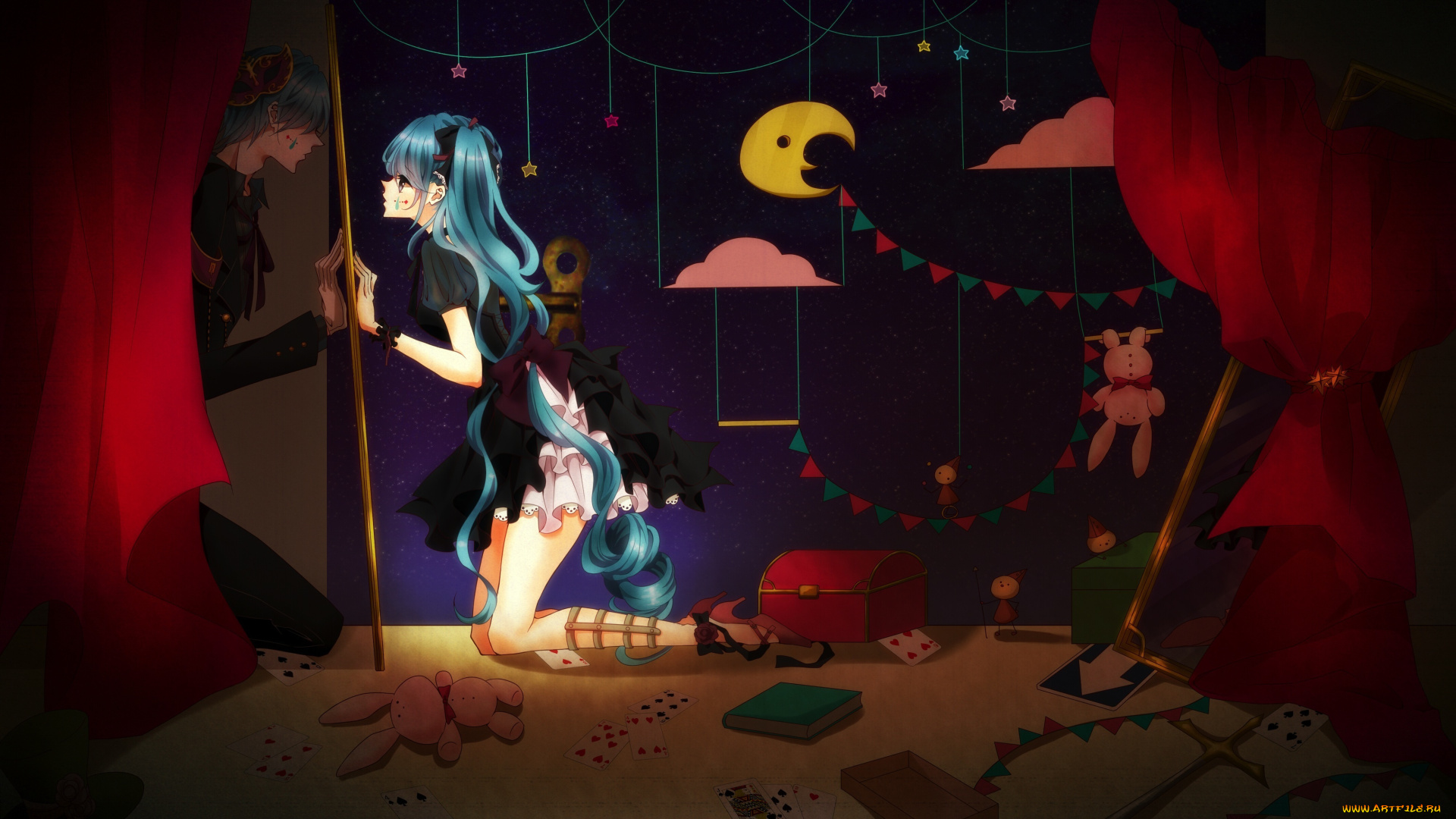 аниме, vocaloid, облака, месяц, девушка, парень, арт, sona, вокалоид, hatsune, miku, заяц, карты, mikuo