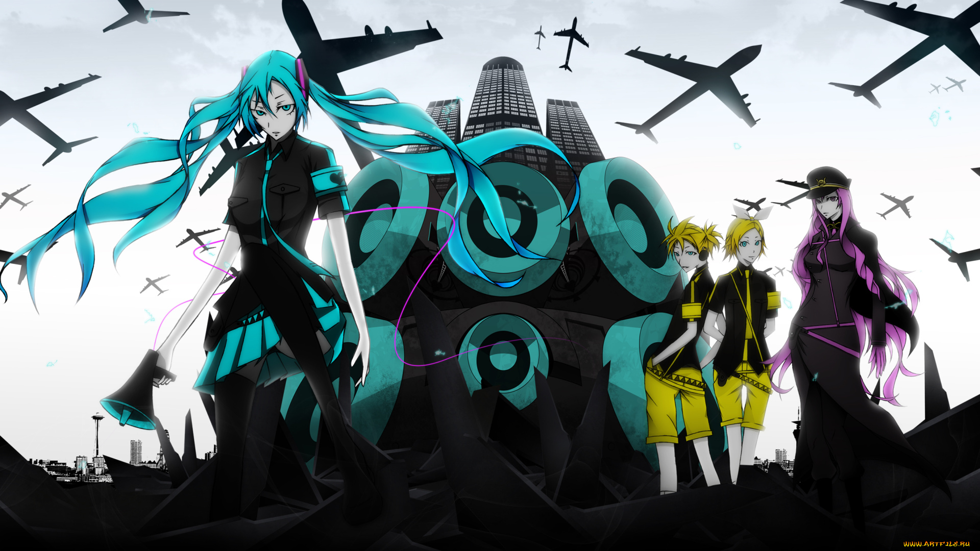 аниме, vocaloid, парень, megurine, luka, kagamine, rin, len, здания, город, громкоговоритель, вокалоид, фуражка, самолеты, девушки, hatsune, miku, love, is, war, арт