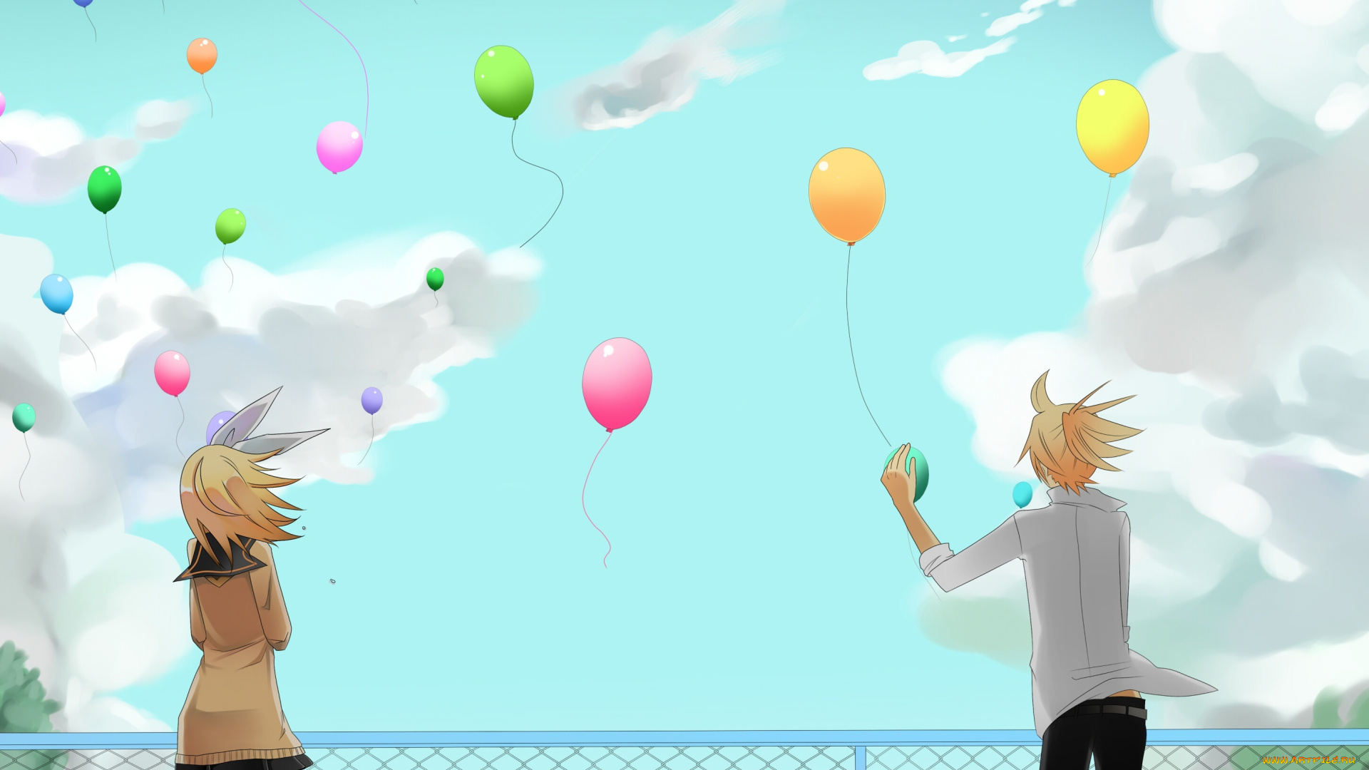аниме, vocaloid, школьники, форма, kagamine, rin, len, вокалоид, temari, арт, облака, парень, небо, забор, шарики, девушка