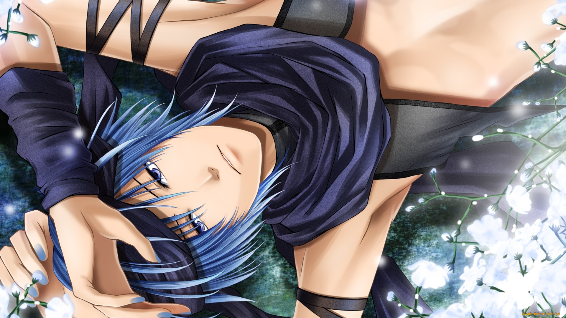 аниме, vocaloid, взгляд, цветы, парень, kaito, вокалоид