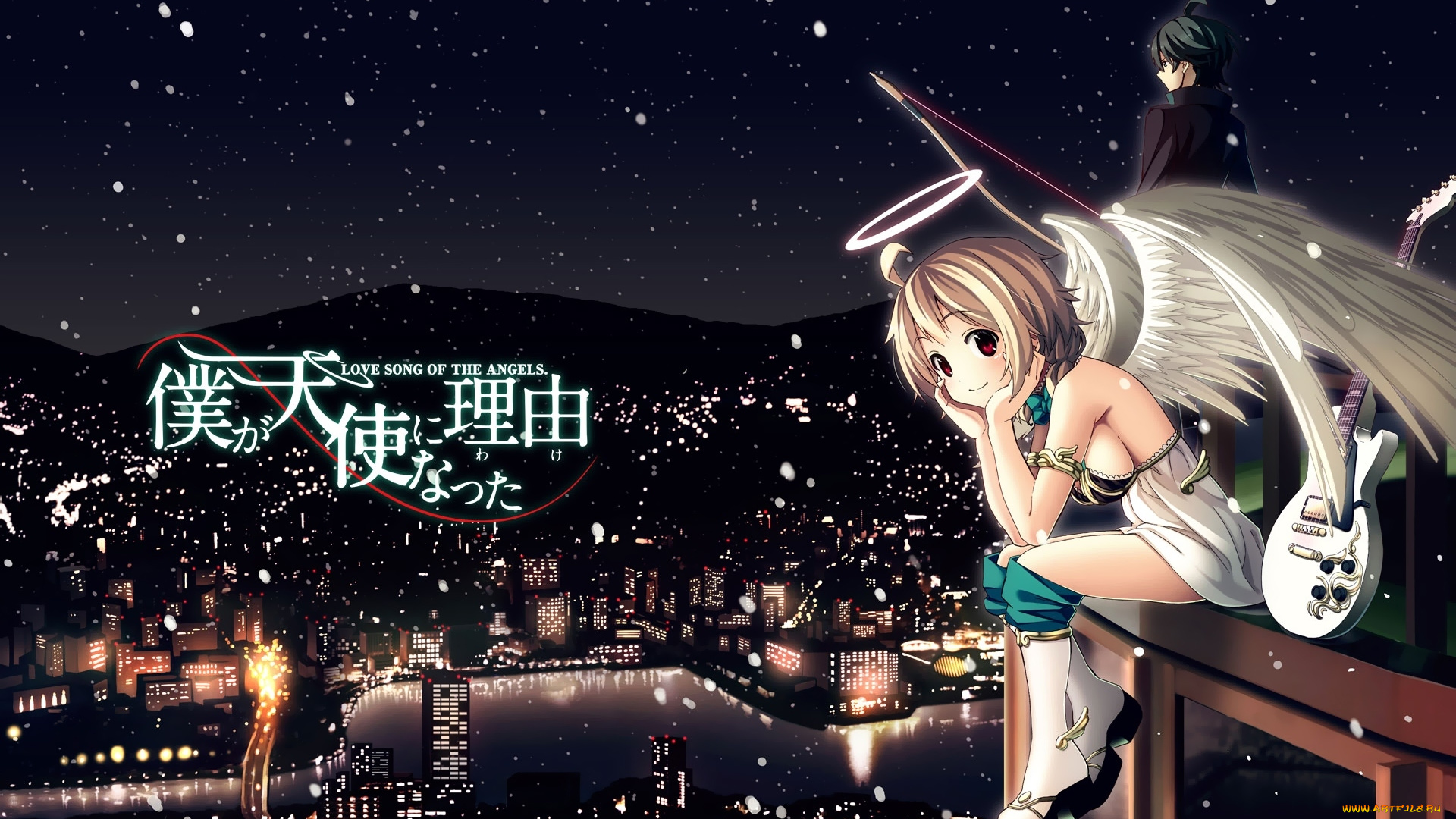 boku, ga, tenshi, ni, natta, wake, аниме, -angels, &, demons, крылья, парень, fujimaru, девушка, boku, ga, tenshi, ni, natta, wake, арт, ангел, город, высота, дома, снег, гитара, нимб, огни, река, небо