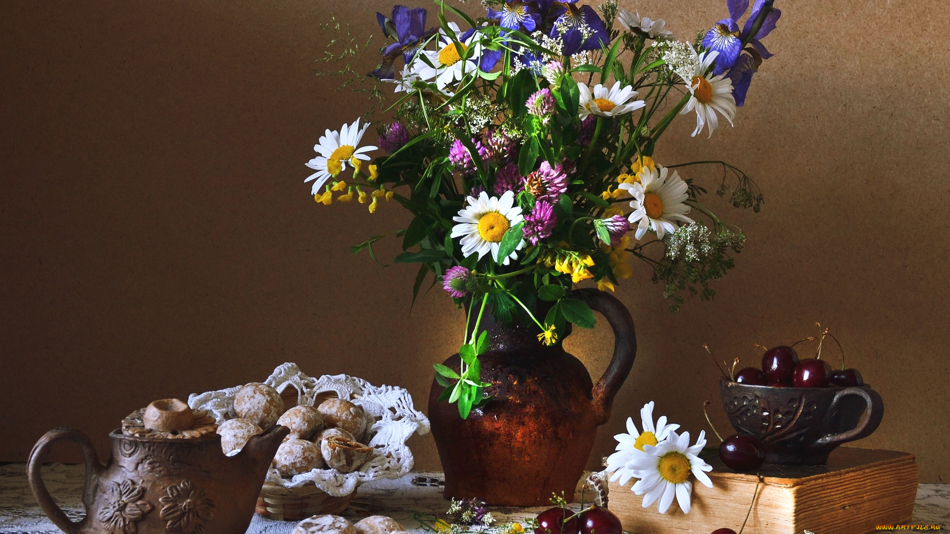 еда, натюрморт, букет, черешня, печенье