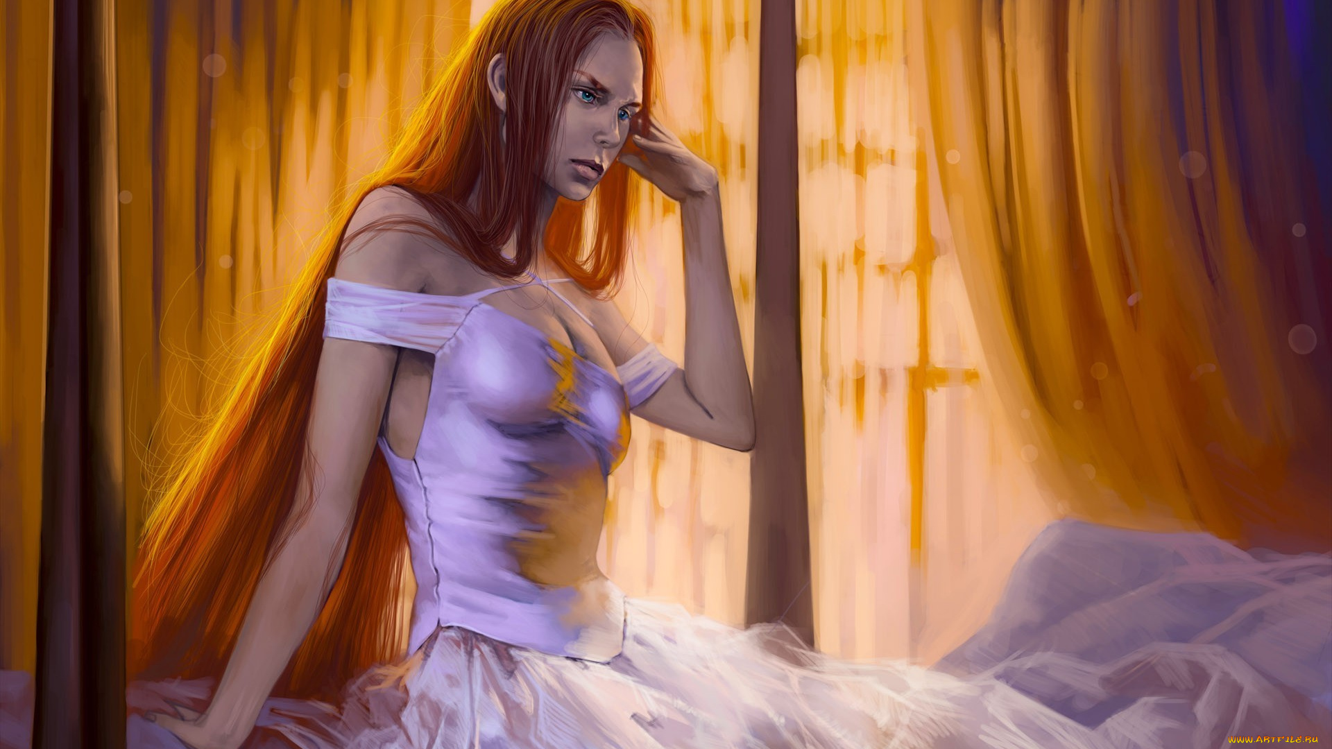 фэнтези, девушки, романтика, апокалипсиса, alexiuss, девушка, платье, рыжая, кровать