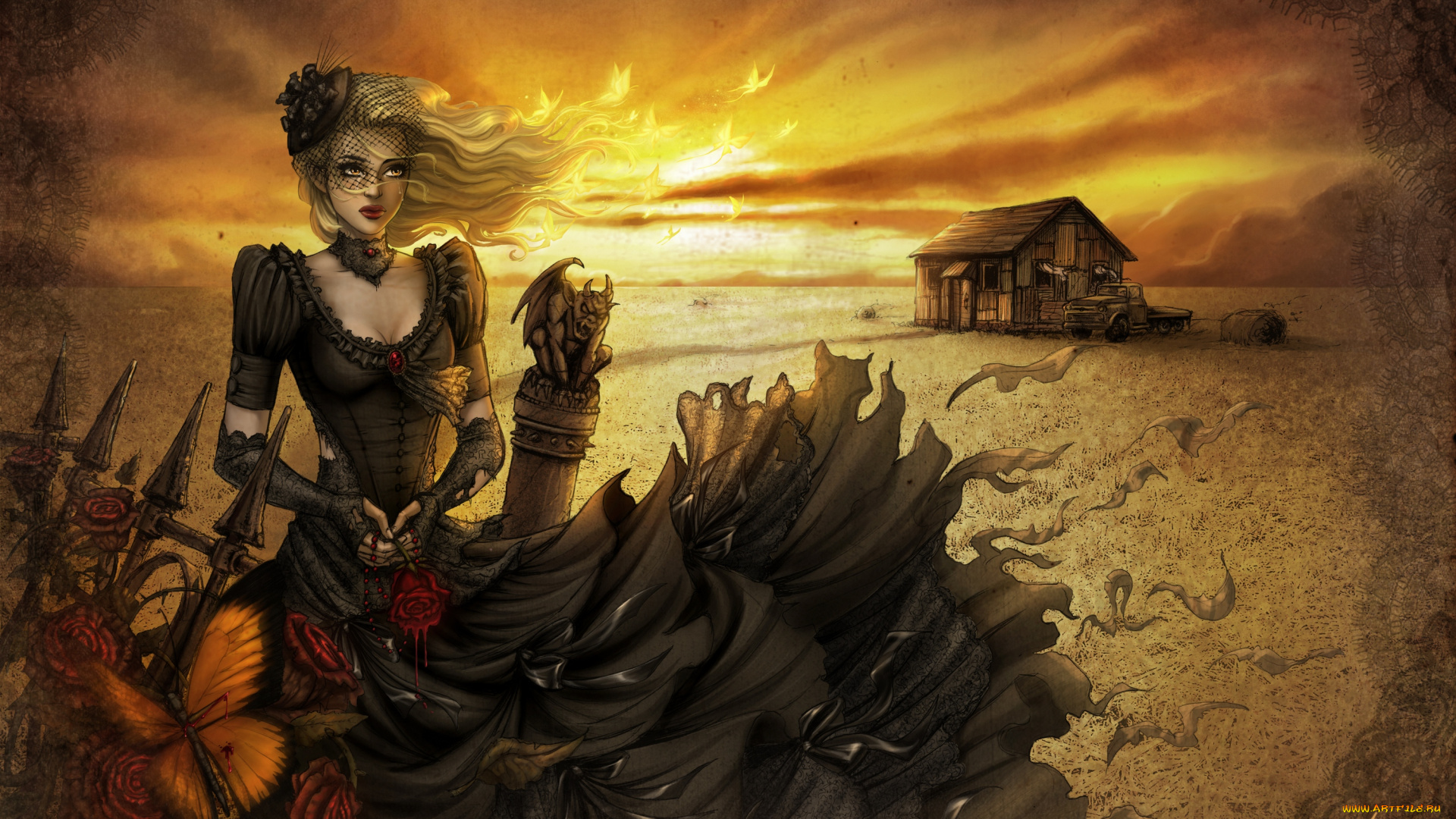 фэнтези, девушки, траур, цветы, солнце, закат, девушка, машина, пустыня, дом