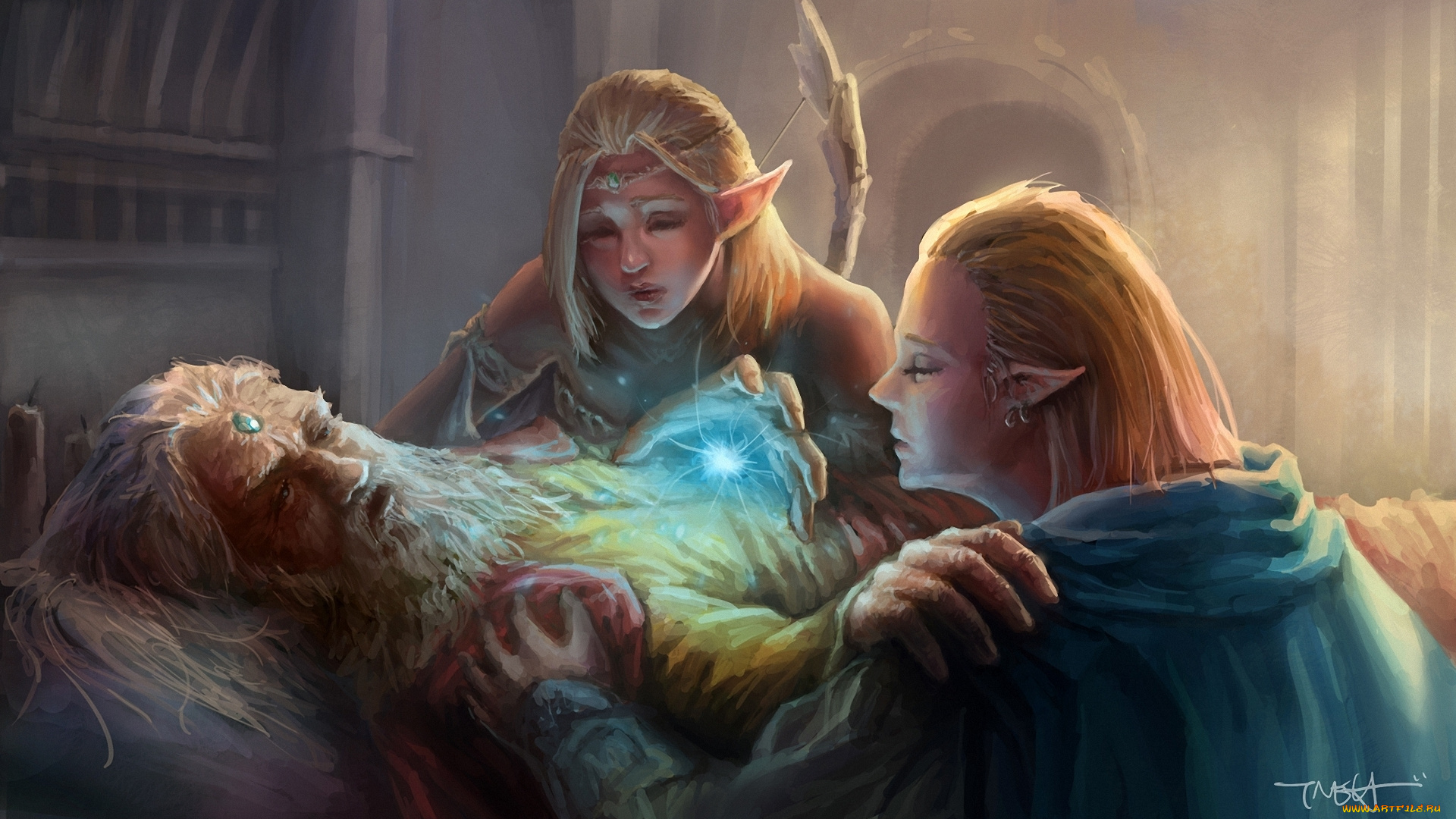 фэнтези, эльфы, прощание, ложе, сын, дочь, отец, старик