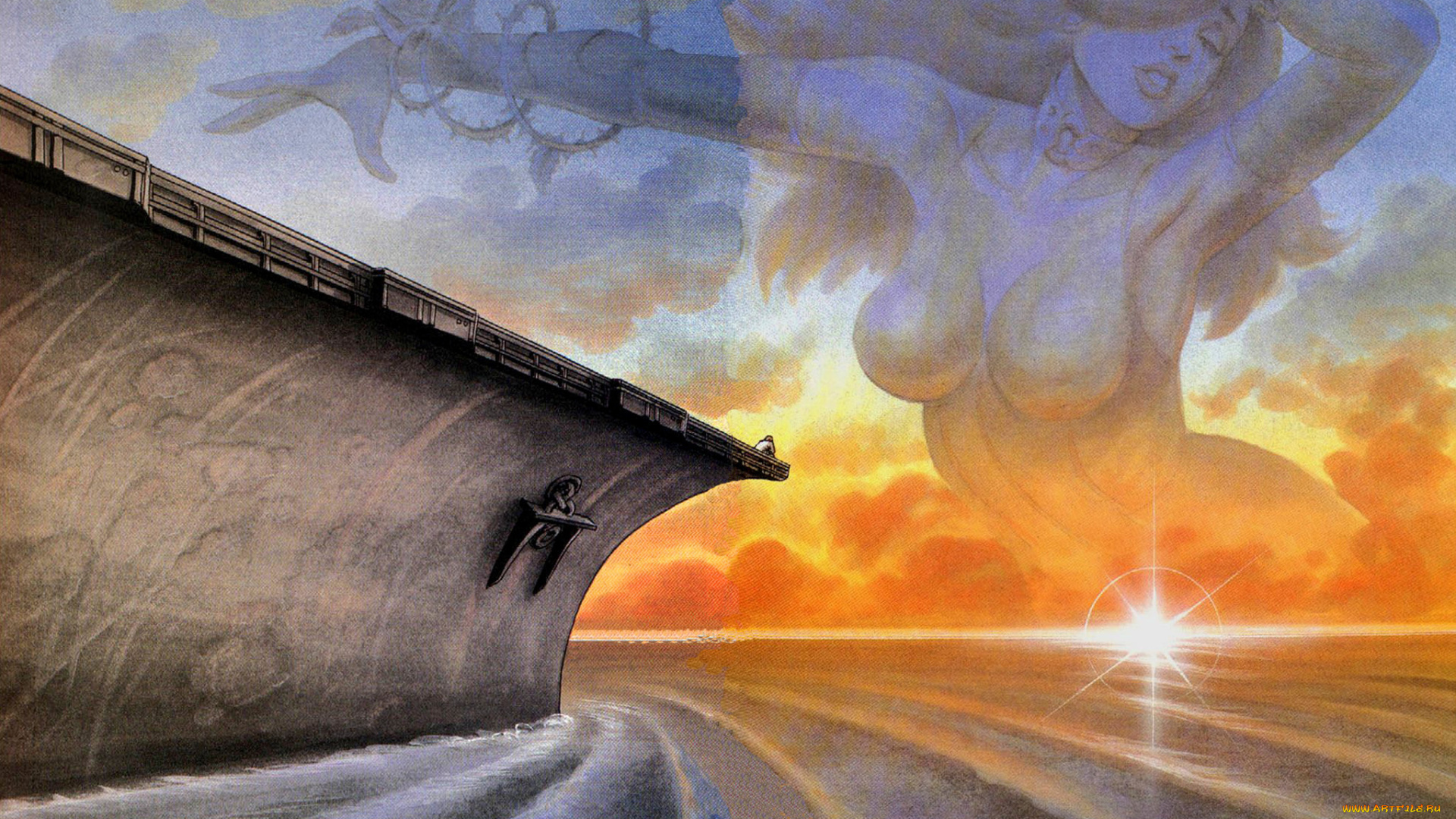 фэнтези, корабли, корабль, солнце, закат, девушка, облака, море