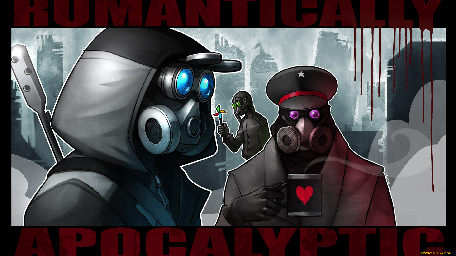 фэнтези, люди, арт, романтика, апокалипсиса, противогазы