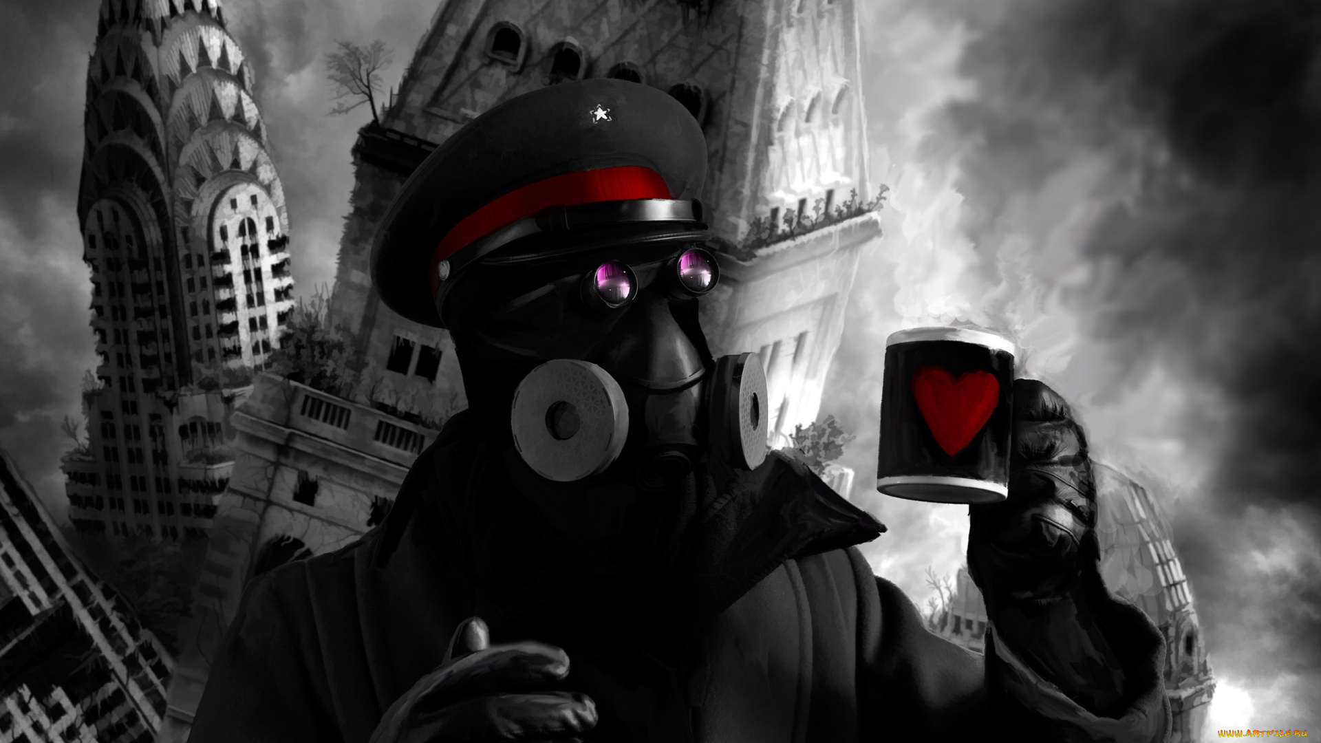 фэнтези, люди, капитан, романтика, апокалипсиса, кружка, рисунок, противогаз, небоскрёб, здание, город, разрушение