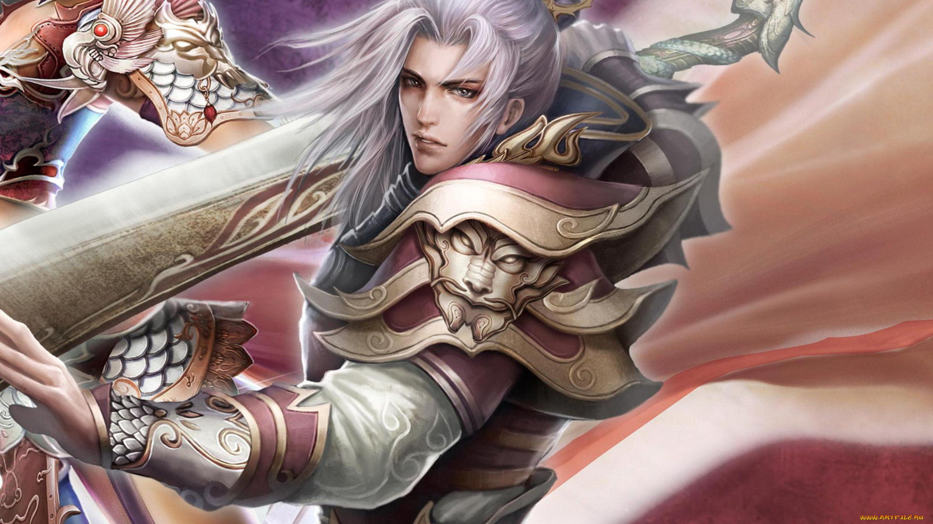 фэнтези, люди, парень, меч, длинные, волосы, взгляд