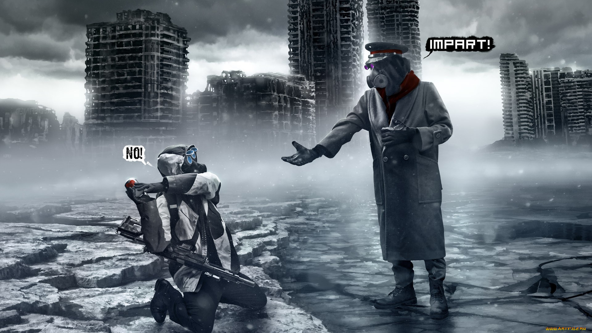 фэнтези, люди, романтика, апокалипсиса, alexiuss, арт, капитан, снайпер, кружка, город, руины, зима