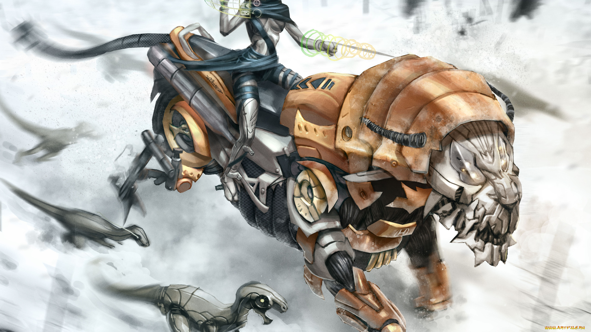 фэнтези, роботы, , киборги, , механизмы, девушка, динозавры, тигр, робот, киборг