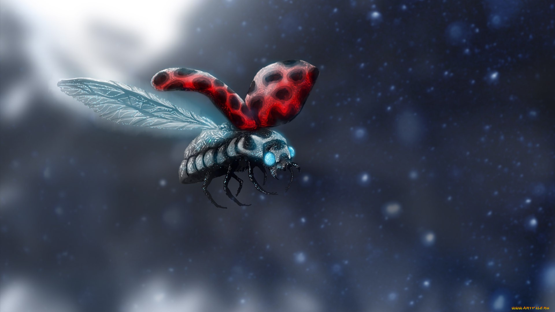 фэнтези, существа, романтика, апокалипсиса, alexiuss, арт, божья, коровка, насекомое, снег, мутант, полет