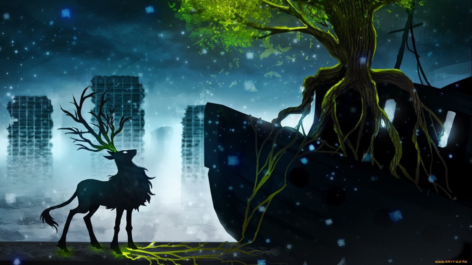 фэнтези, существа, романтика, апокалипсиса, олень, дерево, город, снег