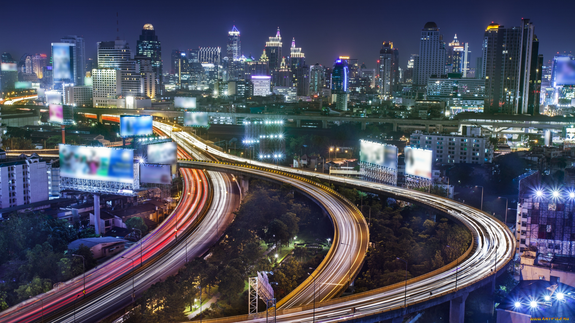 города, бангкок, , таиланд, высотки, огни, дорога