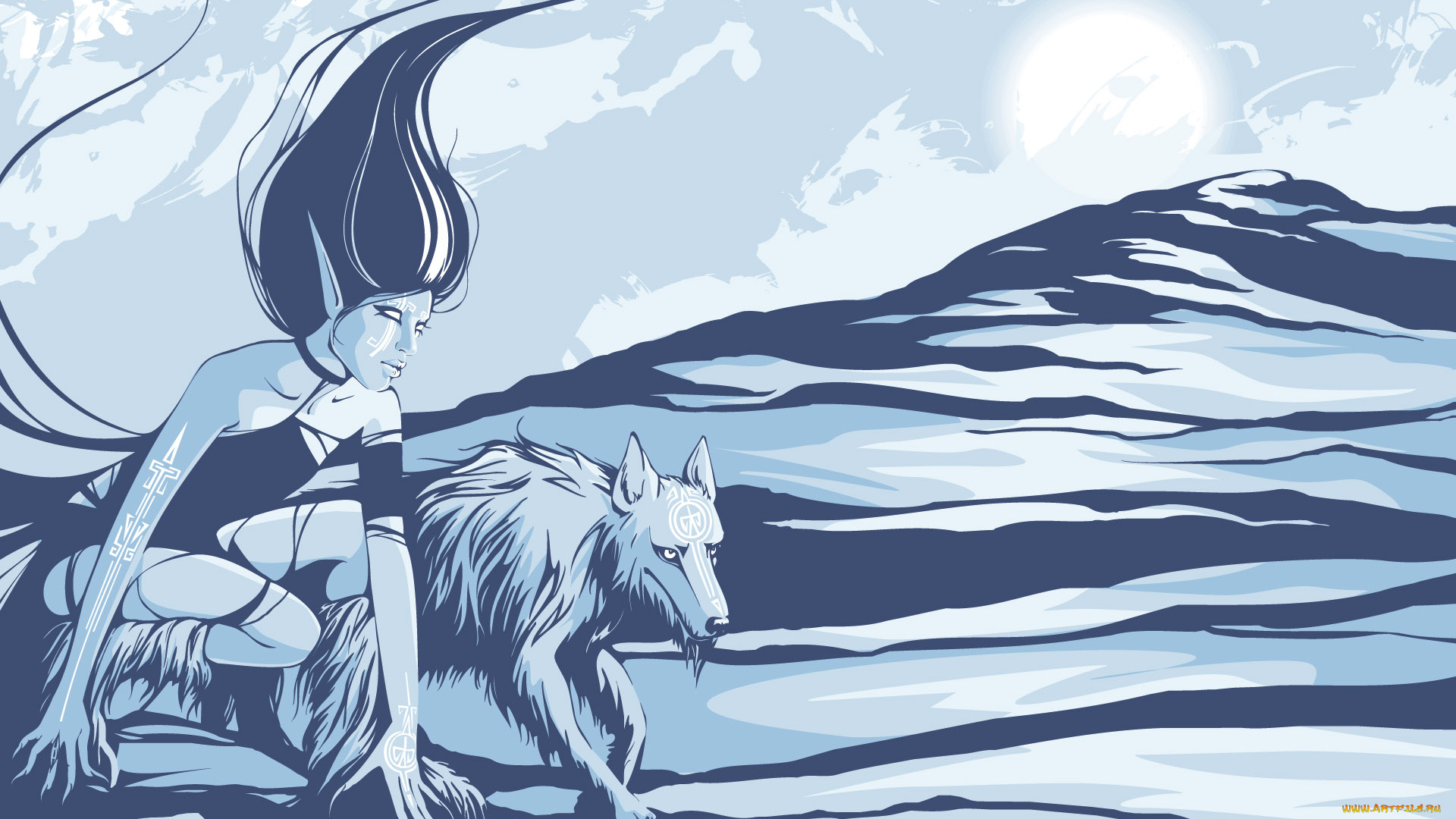 рисованные, -, другое, волк, девушка, горы