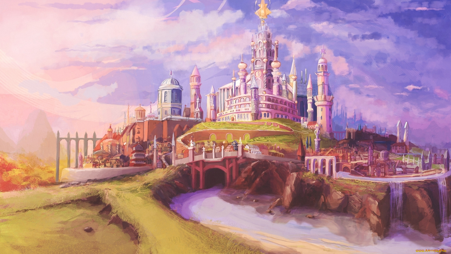 рисованные, города, замок, шпили, река