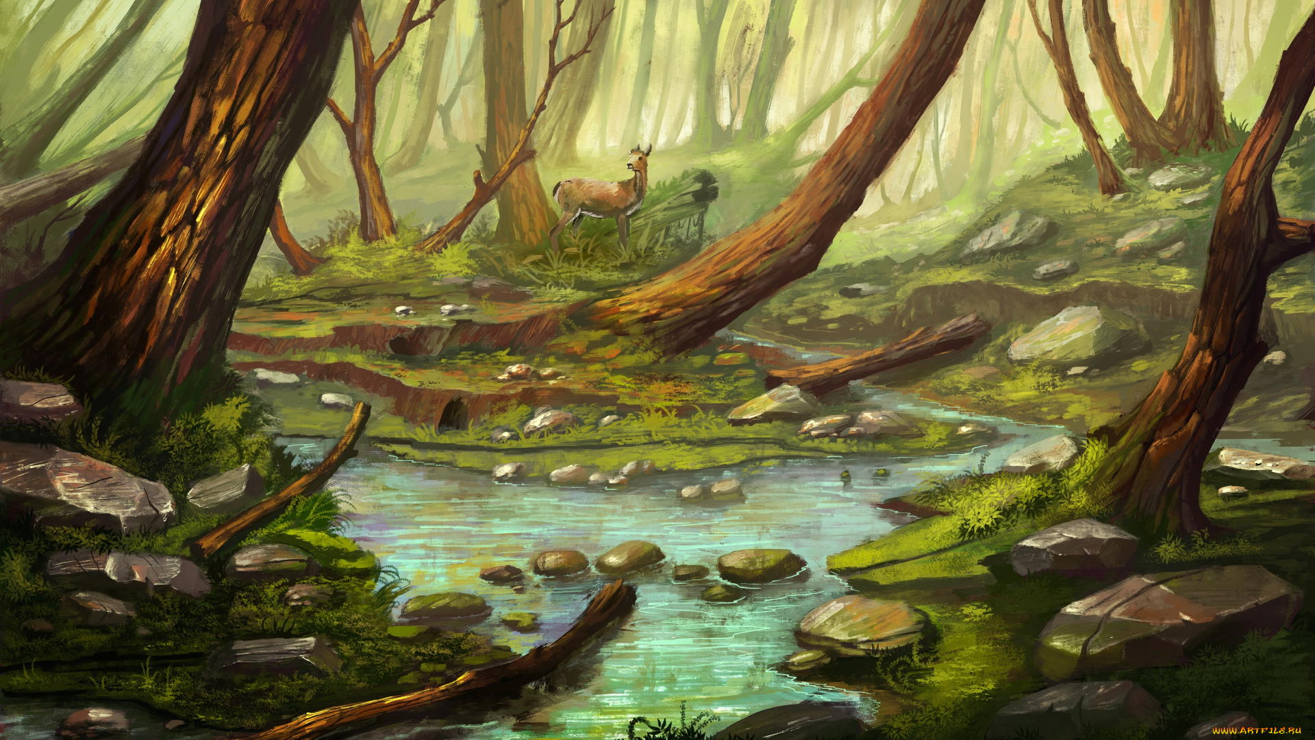рисованные, природа, лес, река, олень